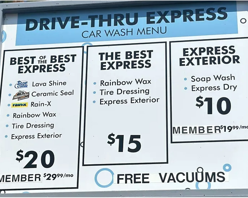 Express Car Wash Menu Board